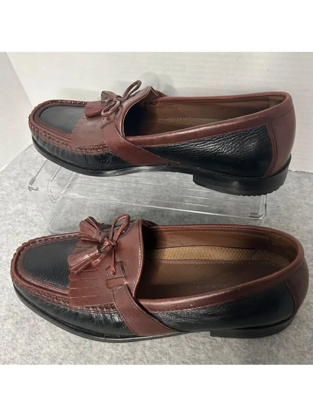 Johnston Murphy Kilt Tassel 2 Tone Loafers-Black Brown Men Sz 9US EUC